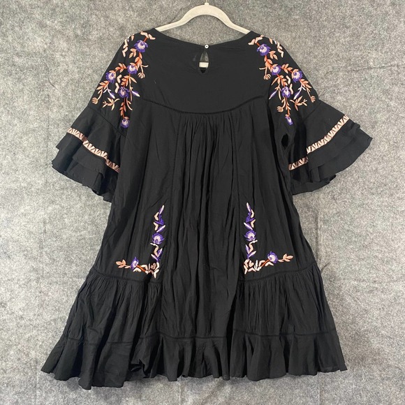Free People Dress Medium Black Pavlo Emroidered Smock Short Sleeve A-Line Boho - Picture 4 of 13